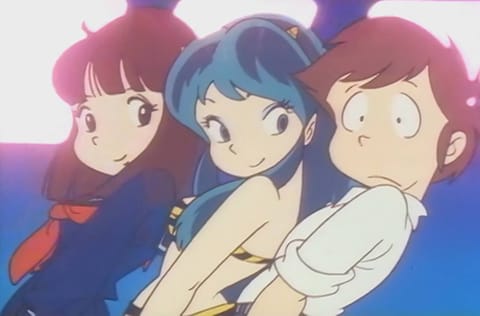 Screenshot from Urusei Yatsura showing three anime characters, two female, one male