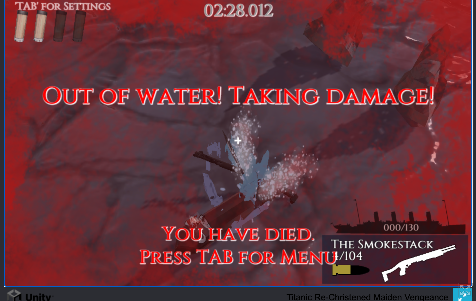 A screenshot from Titanic Re-Christened: Maiden Vengeance, showing what happens when your Titanic character dies from too much damage (in this example, I was out of the water and taking on damage).