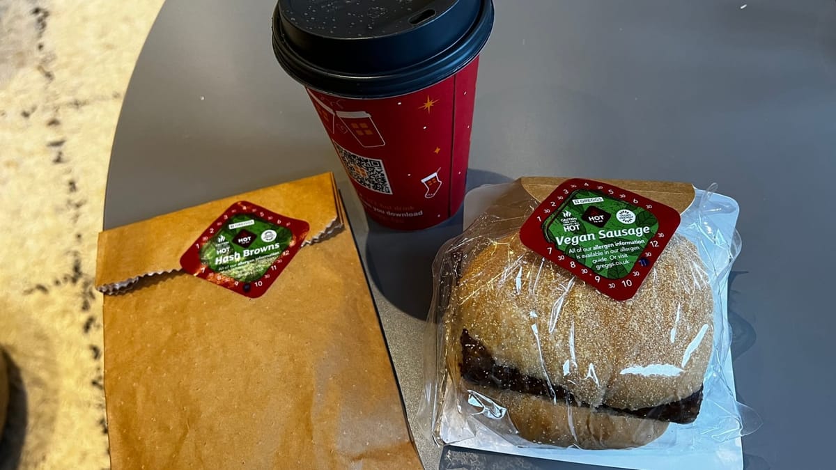 Hot Hash Browns and Vegan Sausage Roll from Greggs.