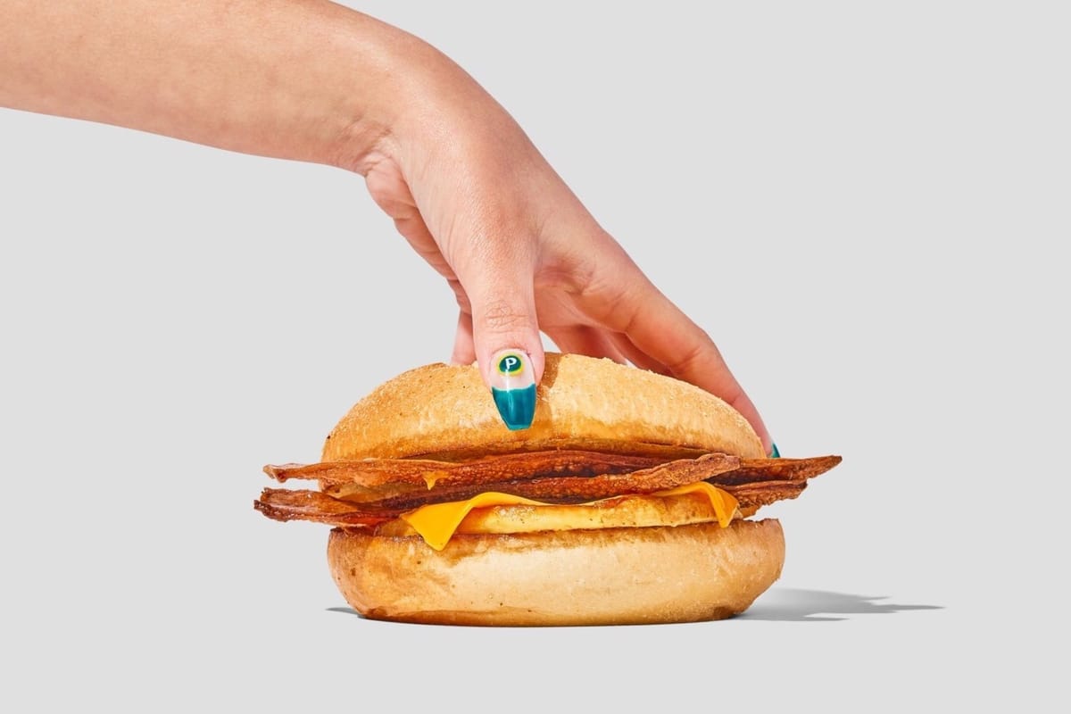 A faux bacon, egg, and cheese sandwich from Plantega.